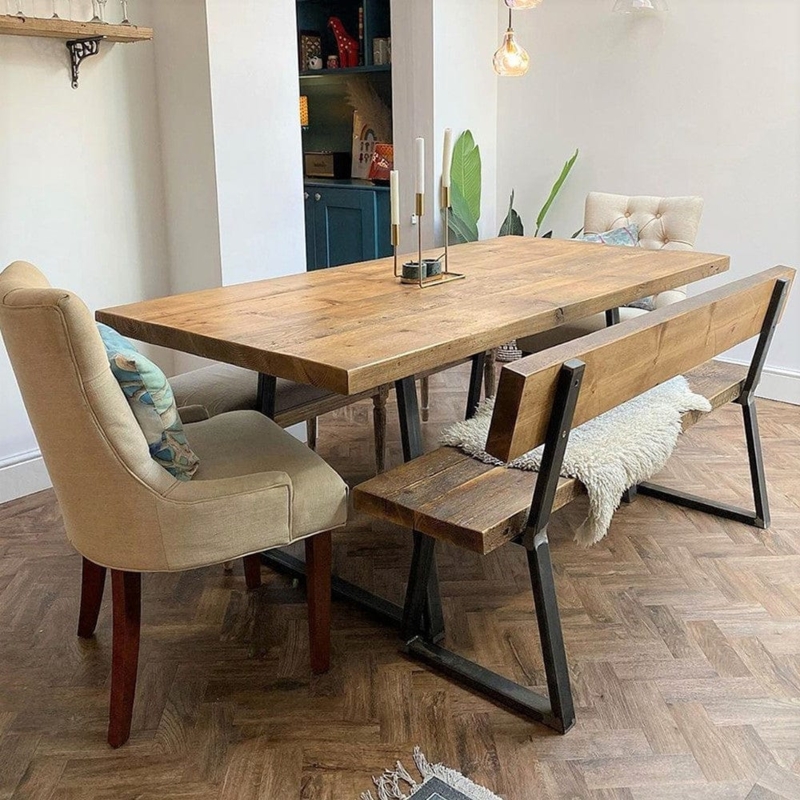 Dining Bench Triangle Metal Frame Reclaimed Wood Integrated Backrest