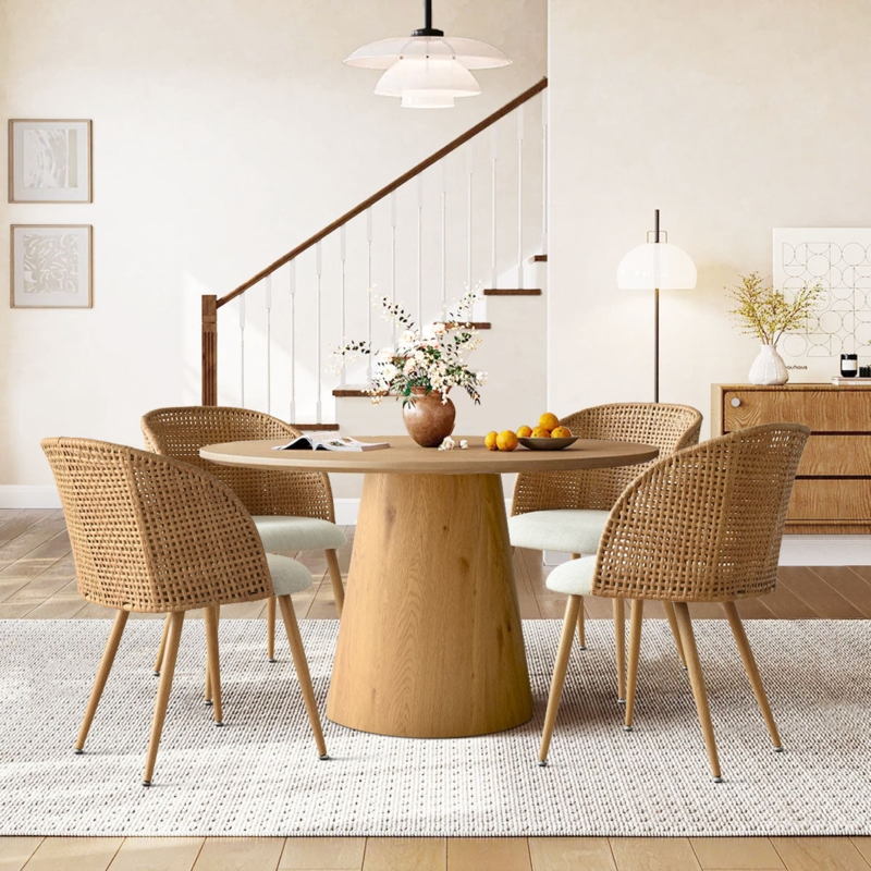 Dining Chair Barrel Silhouette Rattan Cane Japandi Upholstered Seat