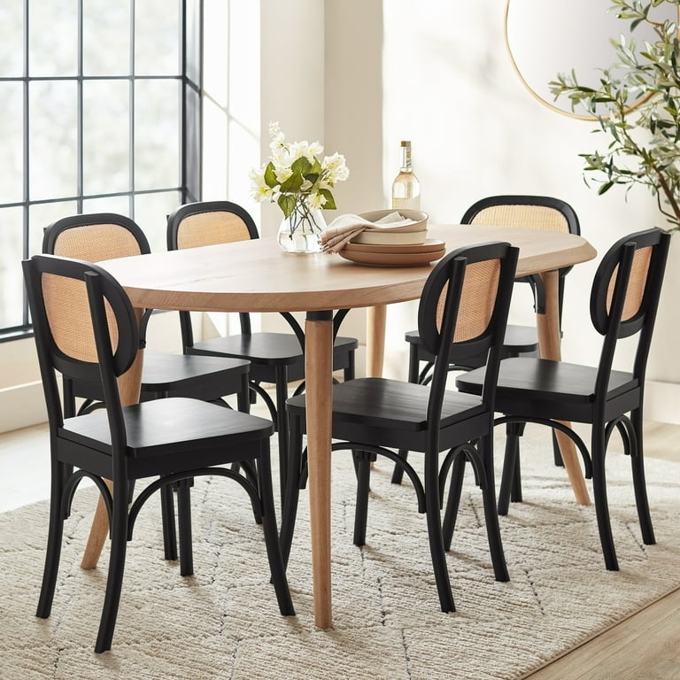 Dining Chair Bentwood Style Matte Black Arched Bracing Rattan Back
