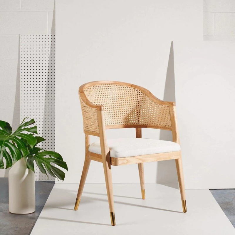 Dining Chair Cane Barrel Back Gold Leg Caps Mid Century Modern