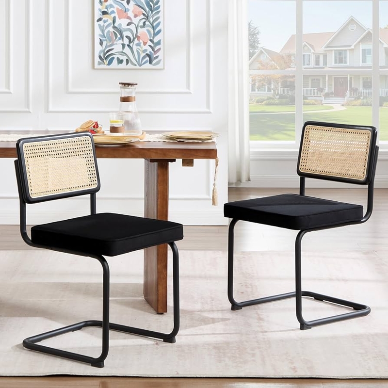 Dining Chair Cantilever Base Rattan Cane Black Velvet Breuer Style