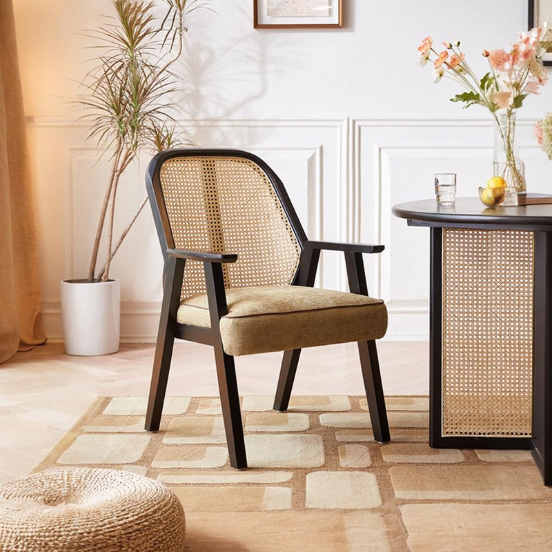 Dining Chair Dark Wood Frame Curved Cane Back Upholstered Seat