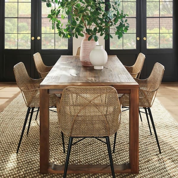 Dining Chair Greywashed Rattan Woven Mesh Slim Black Legs Coastal