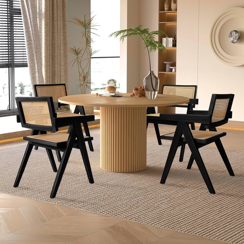 Dining Chair Matte Black Frame V-Shaped Legs Cane Inlay Armrests