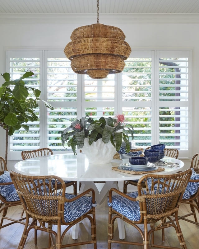 Dining Chair Natural Rattan Blue Geometric Fabric Coastal Tropical