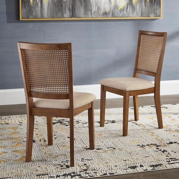 Dining Chair Oak Finish Square Rattan Back Beige Linen Upholstery