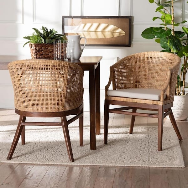 Dining Chair Rattan Barrel Back Light Honey Walnut Frame Cushion