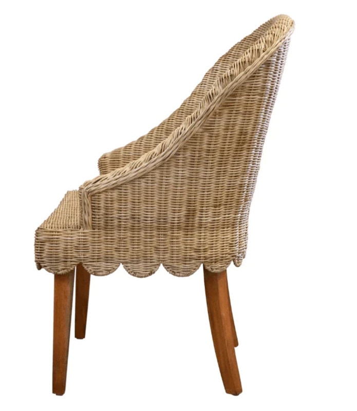 Dining Chair Scalloped Skirt Woven Wicker Honey Beige Coastal