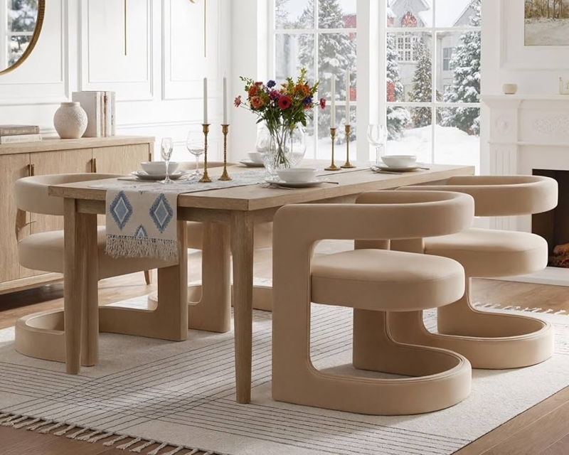 Dining Chair, Sculptural C-Frame, Beige, Minimalist Beige Dining Room