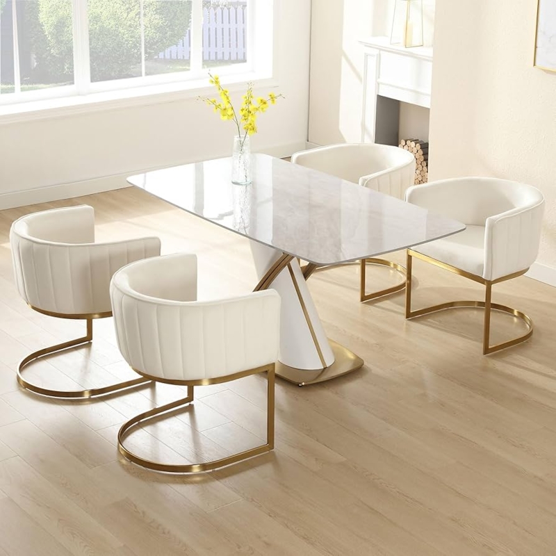 Dining Chair Set: Cream Velvet with Polished Gold Cantilever Base
