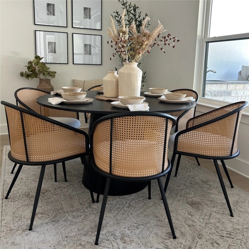 Dining Chair Sherpa Seat Matte Black Frame Rattan Barrel Silhouette