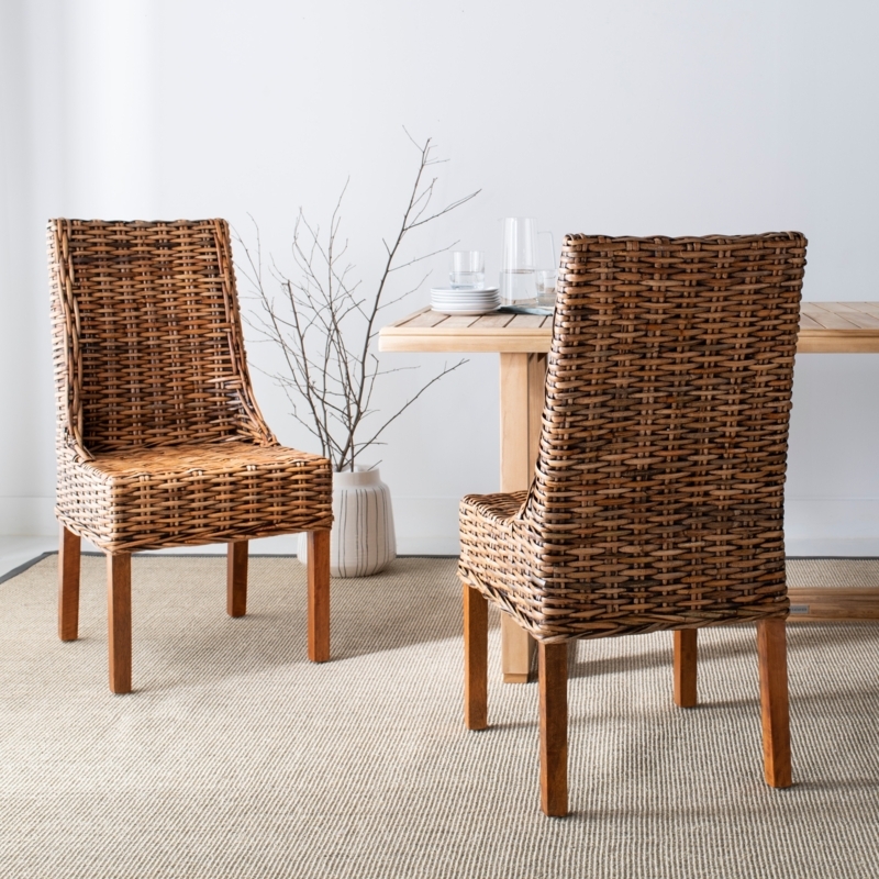 Dining Chair Sloping Silhouette Basket Weave Rattan Honey Brown