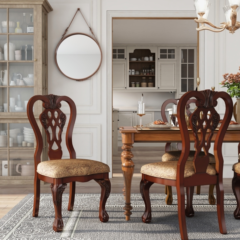 Dining Chair Traditional Harp Back Carved Cabriole Legs Brown Cherry