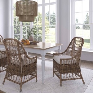 Dining Chair Weathered Gray Rattan Lattice Weave Integrated Arms Coastal