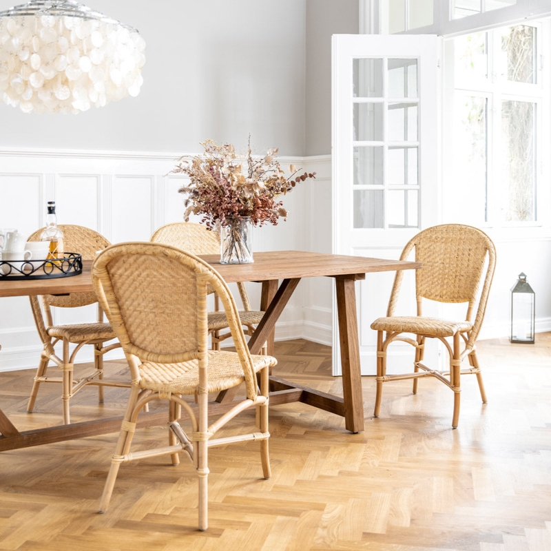 Dining Chair Woven Rattan Curved Back Cross Bracing Warm Beige