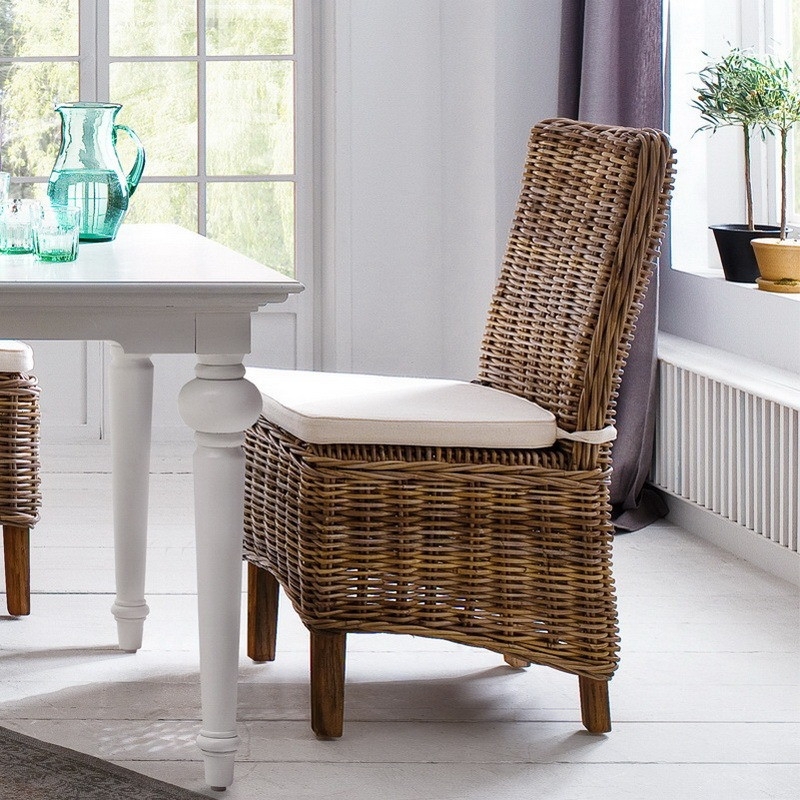 Dining Chair Woven Wicker High Backrest Seat Cushion With Ties
