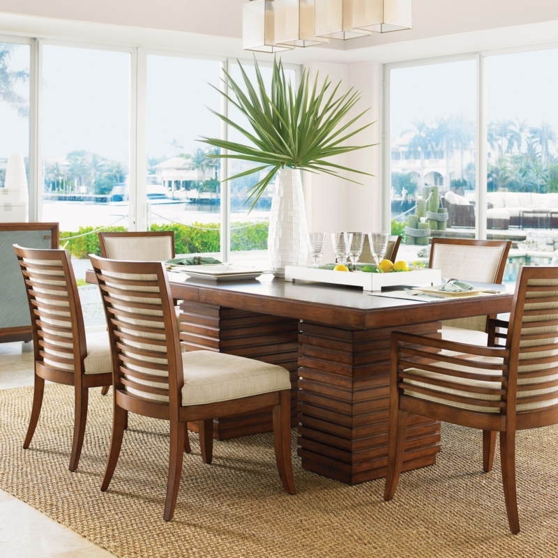 Dining Room Set: Slatted Back Chairs, Stacked Pedestal Base, Coastal