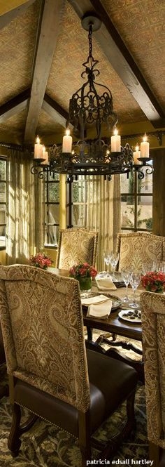Dining Room Tuscan Style Vaulted Ceiling Wood Beams Paisley Chairs