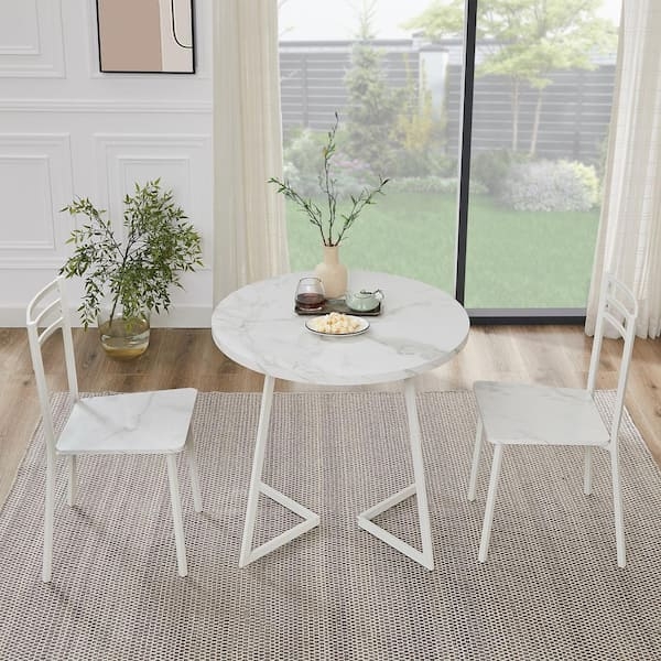 Dining Set: 3-Piece, Round Marble Texture Table, Ladder Chairs