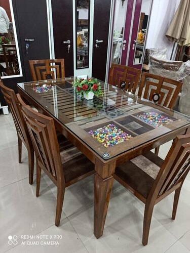 Dining Set 6 Seater Pebble Inserts Geometric Backrest Glass Top Wood