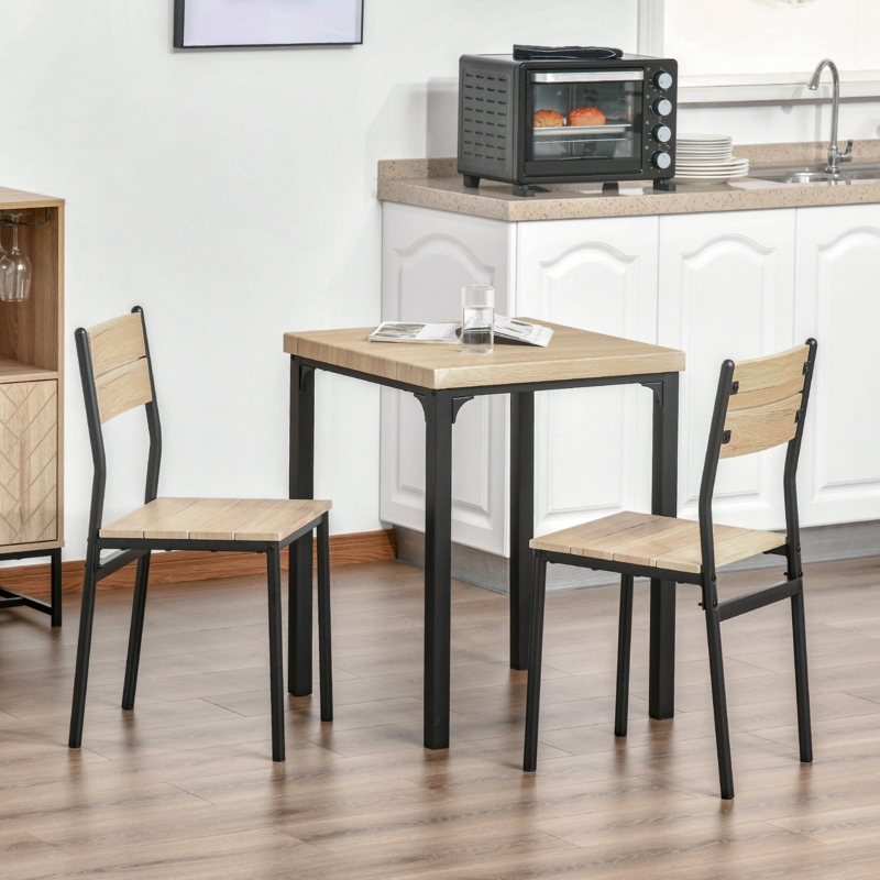 Dining Set Black Metal Frame Slatted Back Chairs Bistro Size Industrial