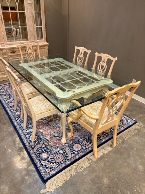 Dining Set Bleached Pine Lattice Base Claw And Ball Feet Animal Print Seats