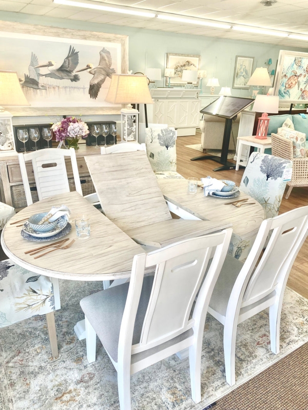 Dining Set Coastal Whitewashed Butterfly Leaf Coral Motif Chairs