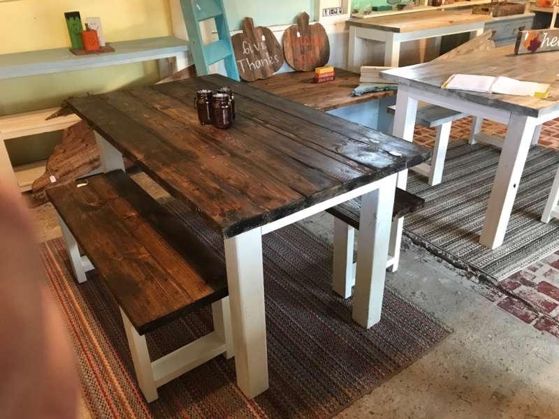 Dining Set Espresso Plank Top with White Painted Base Benches H Frame