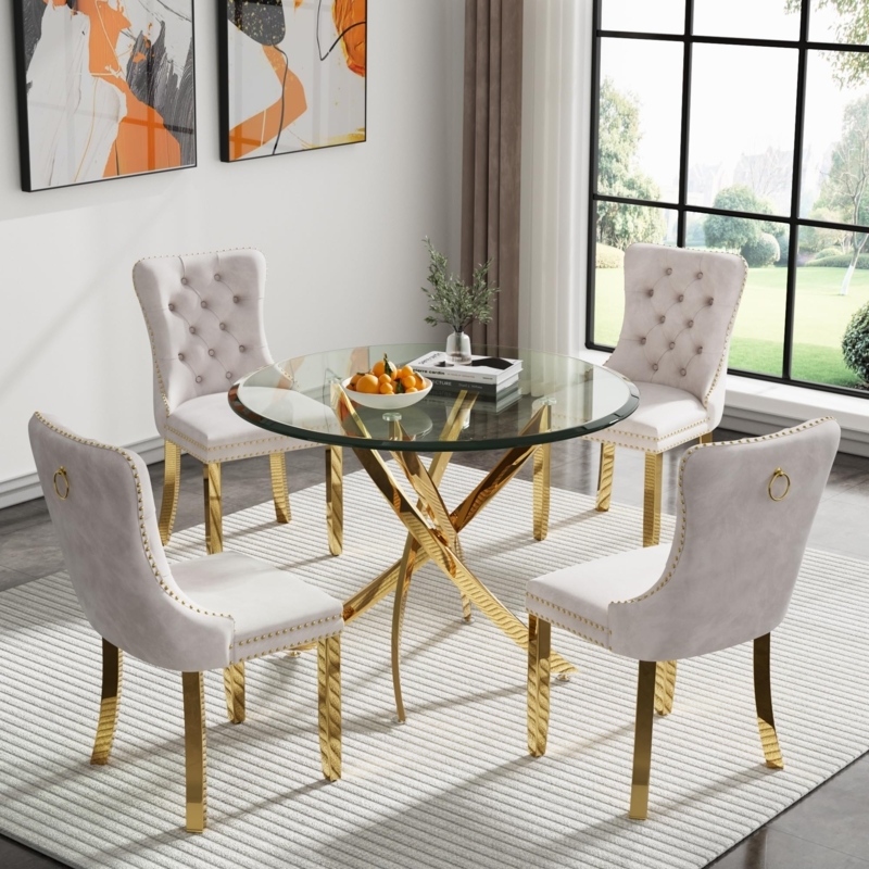 Dining Set featuring Gold Intersecting Legs and Tufted Chairs