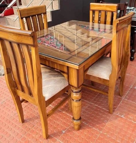 Dining Set Honey Brown Turned Legs Slat Back Traditional Glass Top