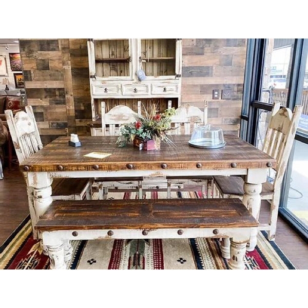 Dining Set: Metal Stud Detailing, Matching Bench, Nailhead Trim Table.