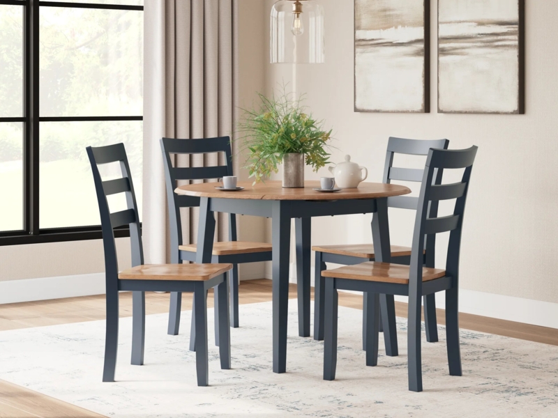 Dining Set Navy Blue Two-Tone Drop Leaf Ladder Back Chairs