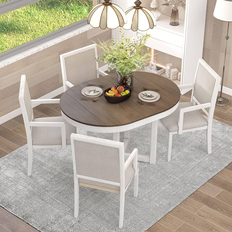 Dining Set Oval Butterfly Leaf Upholstered Armchairs Two-Tone