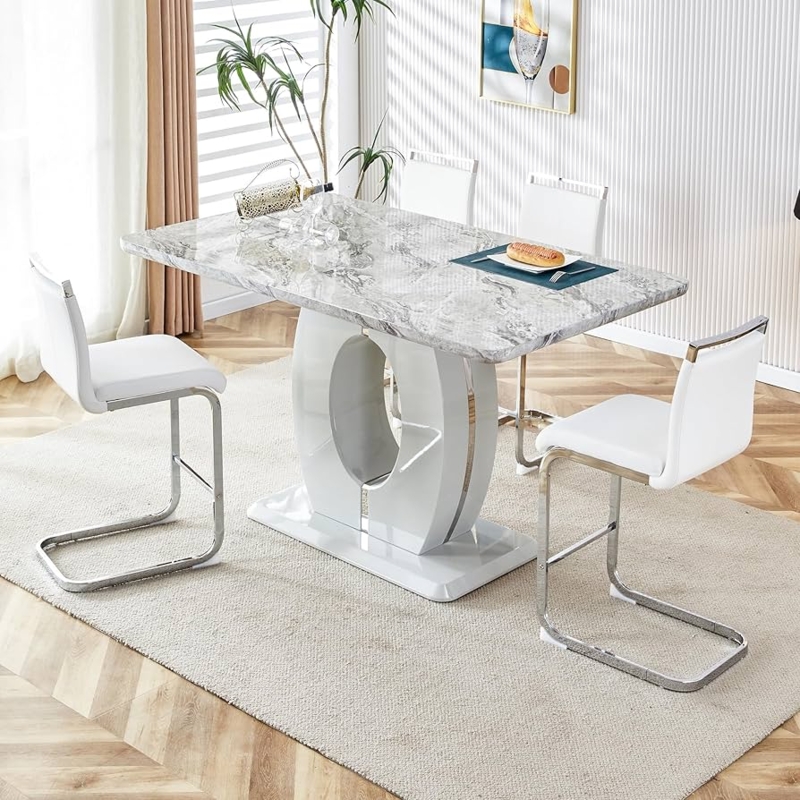 Dining Set Pedestal Cutout Base Cantilever Stools Marble Look Top
