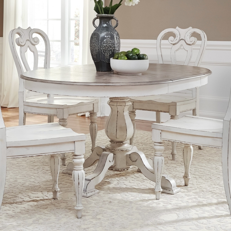 Dining Set: Round Pedestal Table, Scroll Back Chairs, French Country.
