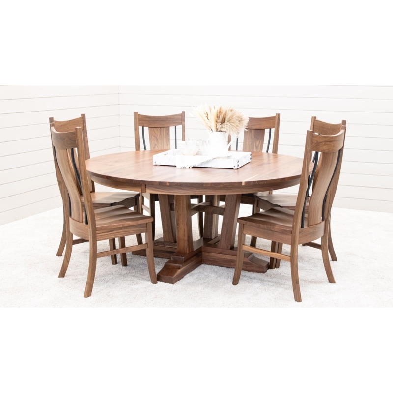 Dining Set Round Walnut Pedestal Slatted Curved Back Chairs