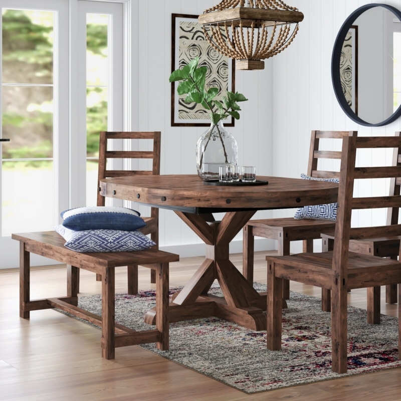 Dining Set Rustic Farmhouse X-Pedestal Studded Apron Bench