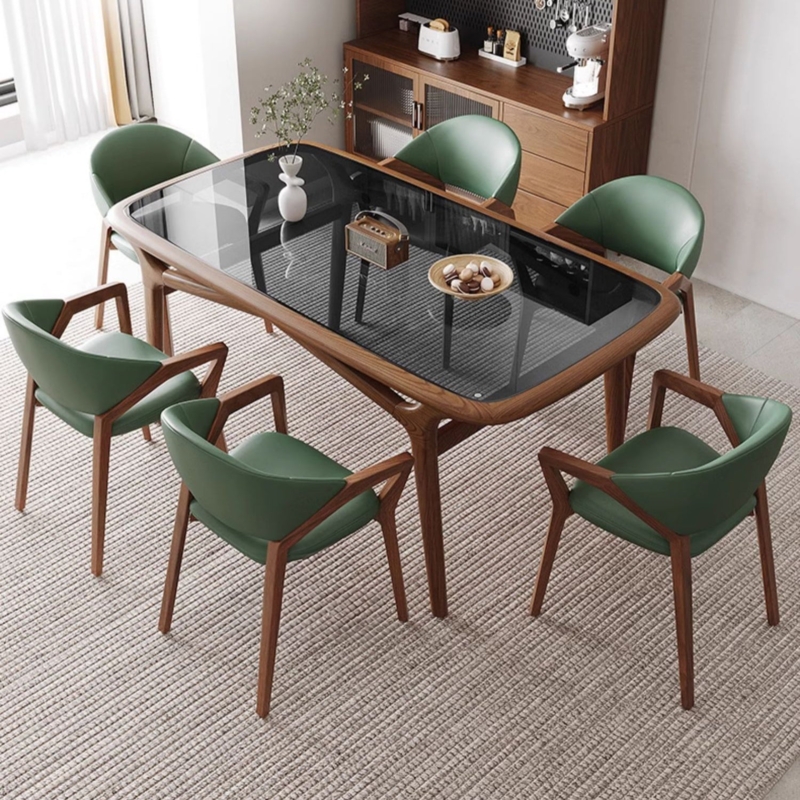 Dining Set Smoked Glass Forest Green Sculptural Frame Bucket Chairs