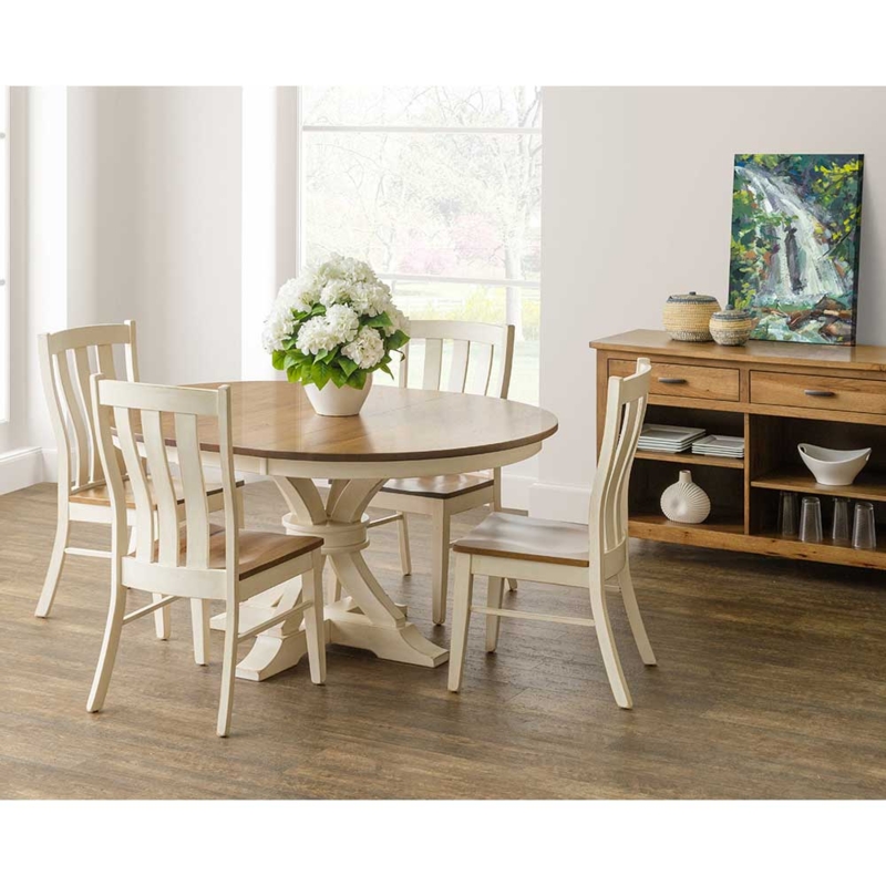 Dining Set Two-Tone Cream and Oak Round Pedestal Slat Back