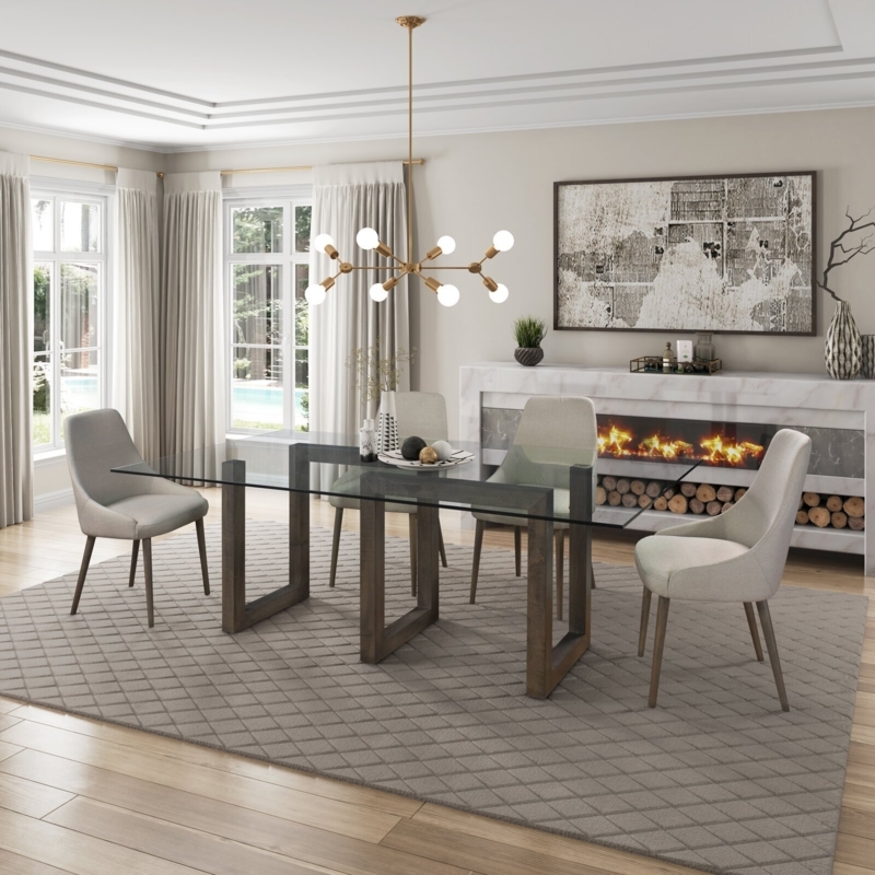 Dining Set U Shaped Base Glass Top Wooden Tapered Legs Upholstered Chairs