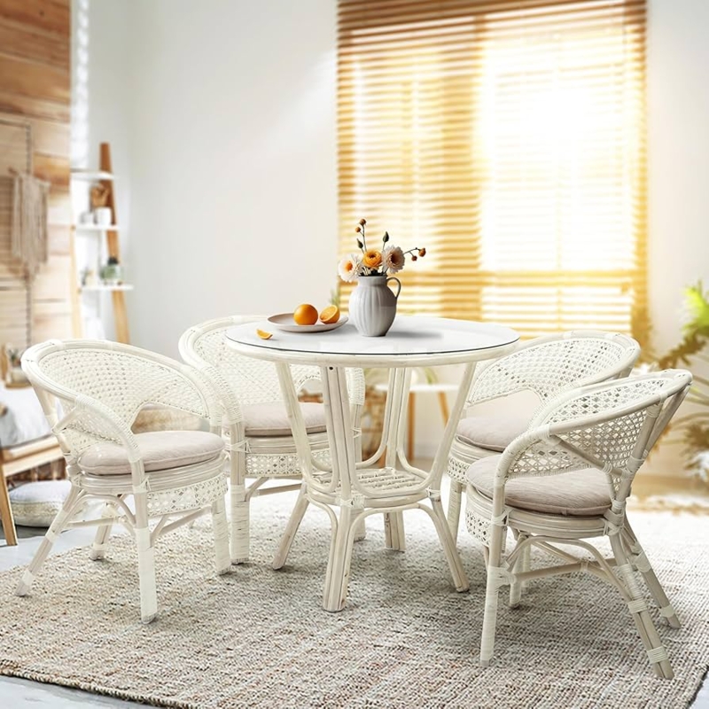 Dining Set Whitewashed Rattan Round Glass Top Mesh Weave Chairs