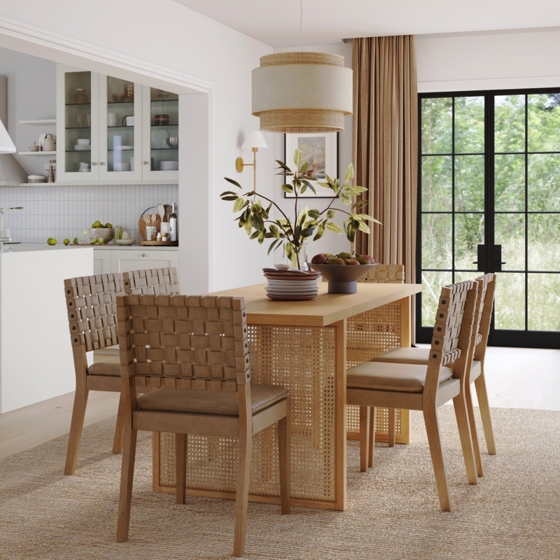 Dining Set Woven Strap Chairs Leather Like Organic Honey Tone