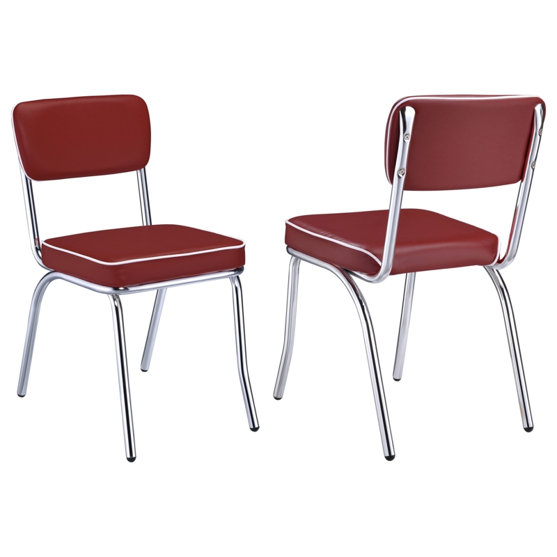 Dining Side Chair: Maroon Red Vinyl, White Piping, Open Back Design