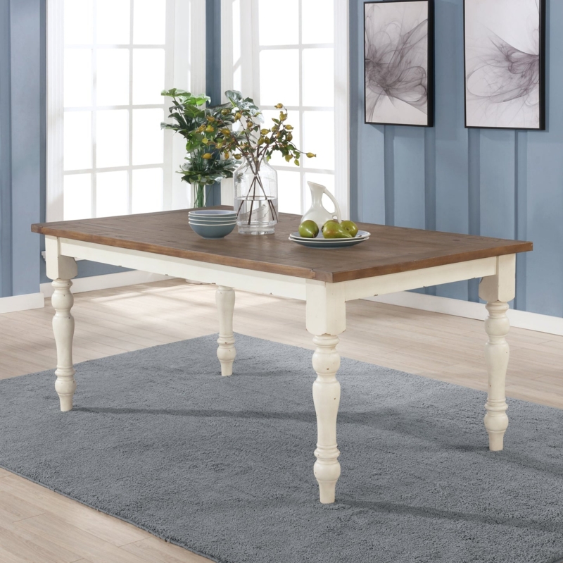 Dining Table: Antique White Turned Legs, Distressed Oak Dining Surface.