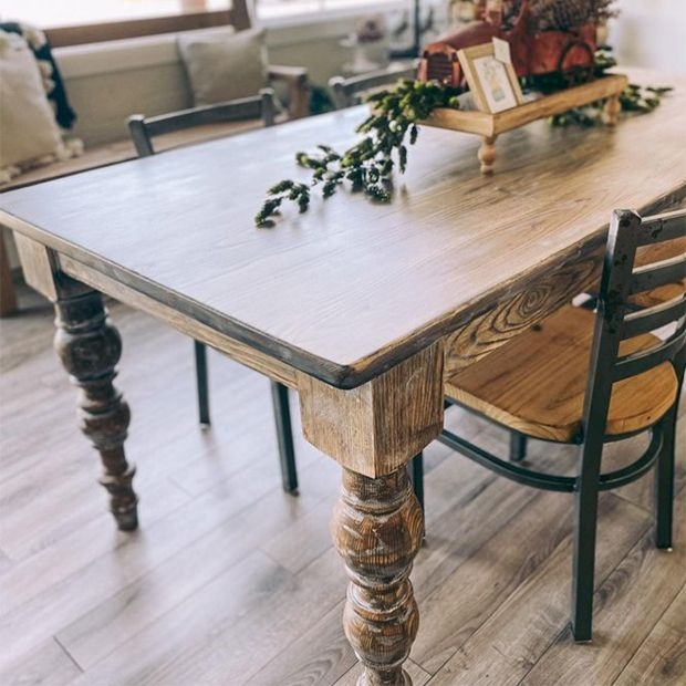 Dining Table: Chunky Base, Turned Legs, Rustic Industrial Farmhouse Style.