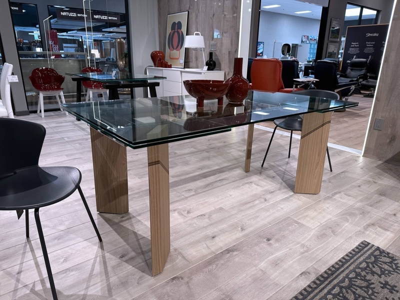 Dining Table Extendable Glass Faceted Legs Visible Mechanism Contemporary