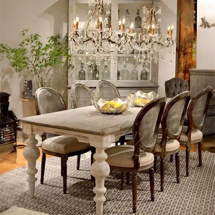 Dining Table: French Country Style, Medallion Back Chairs, Baluster Base.