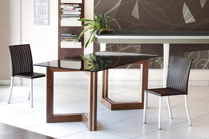 Dining Table Geometric Wood Base Smoked Glass Woven Chairs Minimalist