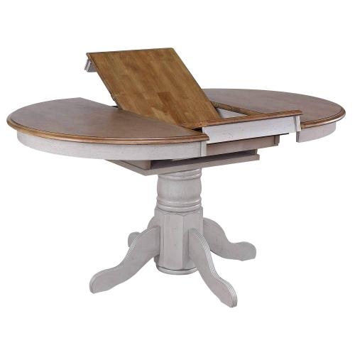 Dining Table Gray Oak Butterfly Leaf Round to Oval Pedestal Base