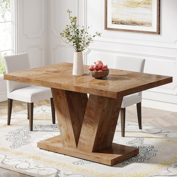 Dining Table Honey Brown Wood V Shaped Pedestal Rectangular Top